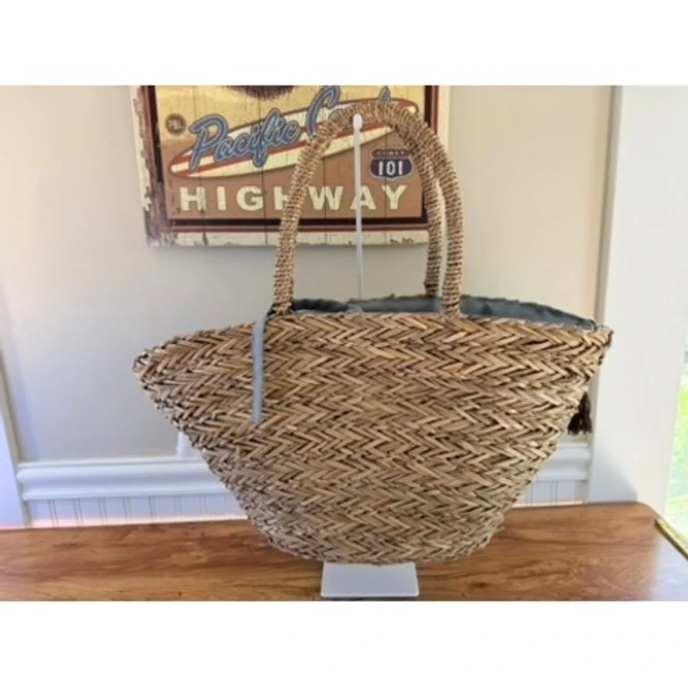 KikaHome Sicilian Straw Tote Bag Tassel Mirror Trim Large Natural Brown Gray